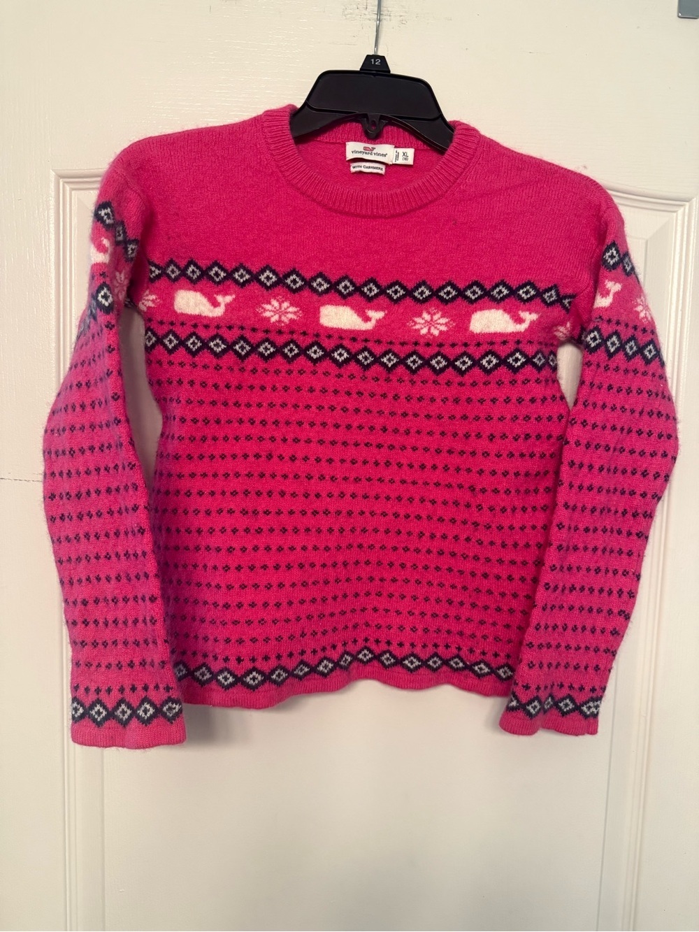 Vineyard Vines Kids XL 16 Cashmere Blend Whale Fair Isle Sweater Pink Crewneck